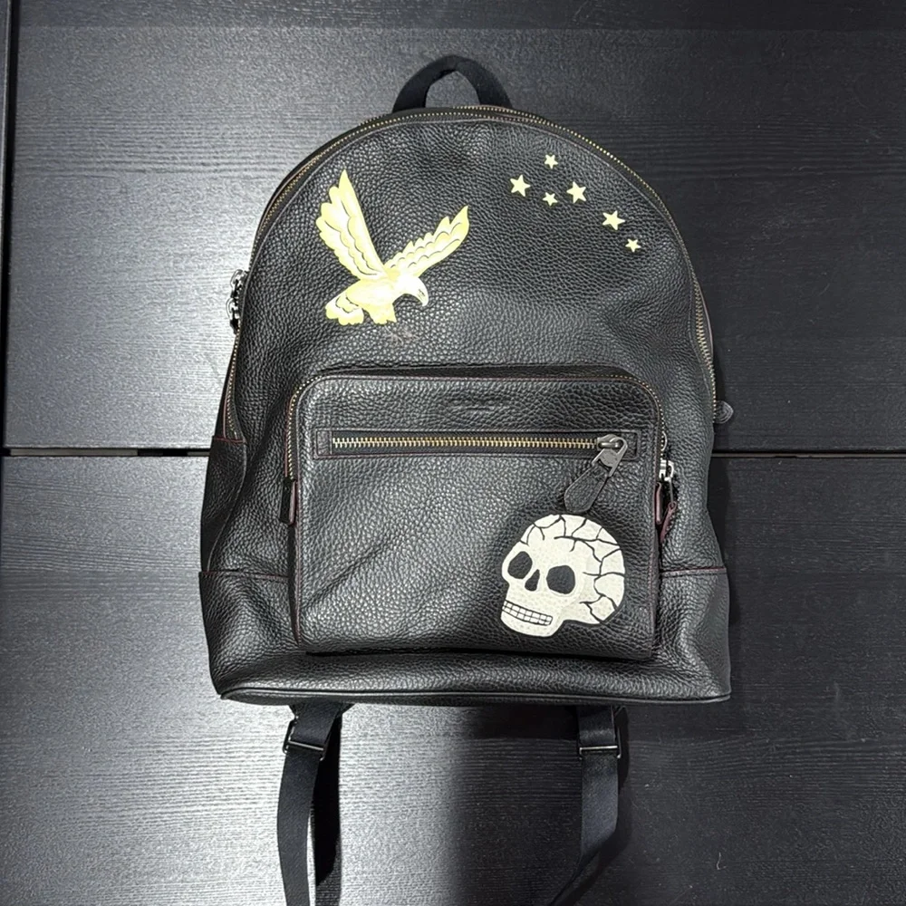 Coach Black Leather Backpack with Skull and Eagle